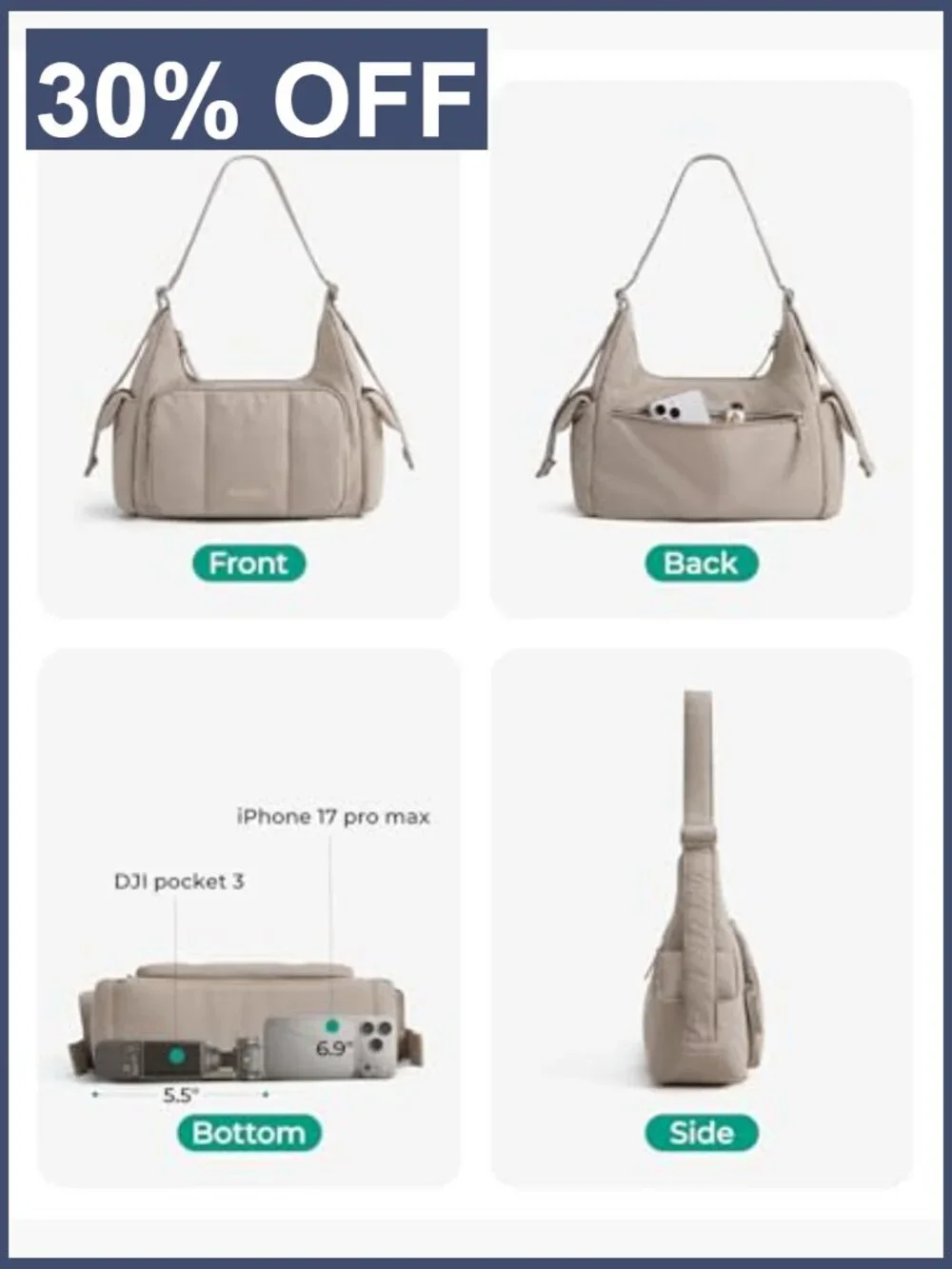Puffer Crossbody Hobo Bag Fits iPad Wallet Phone Water-Resistant Adjustable